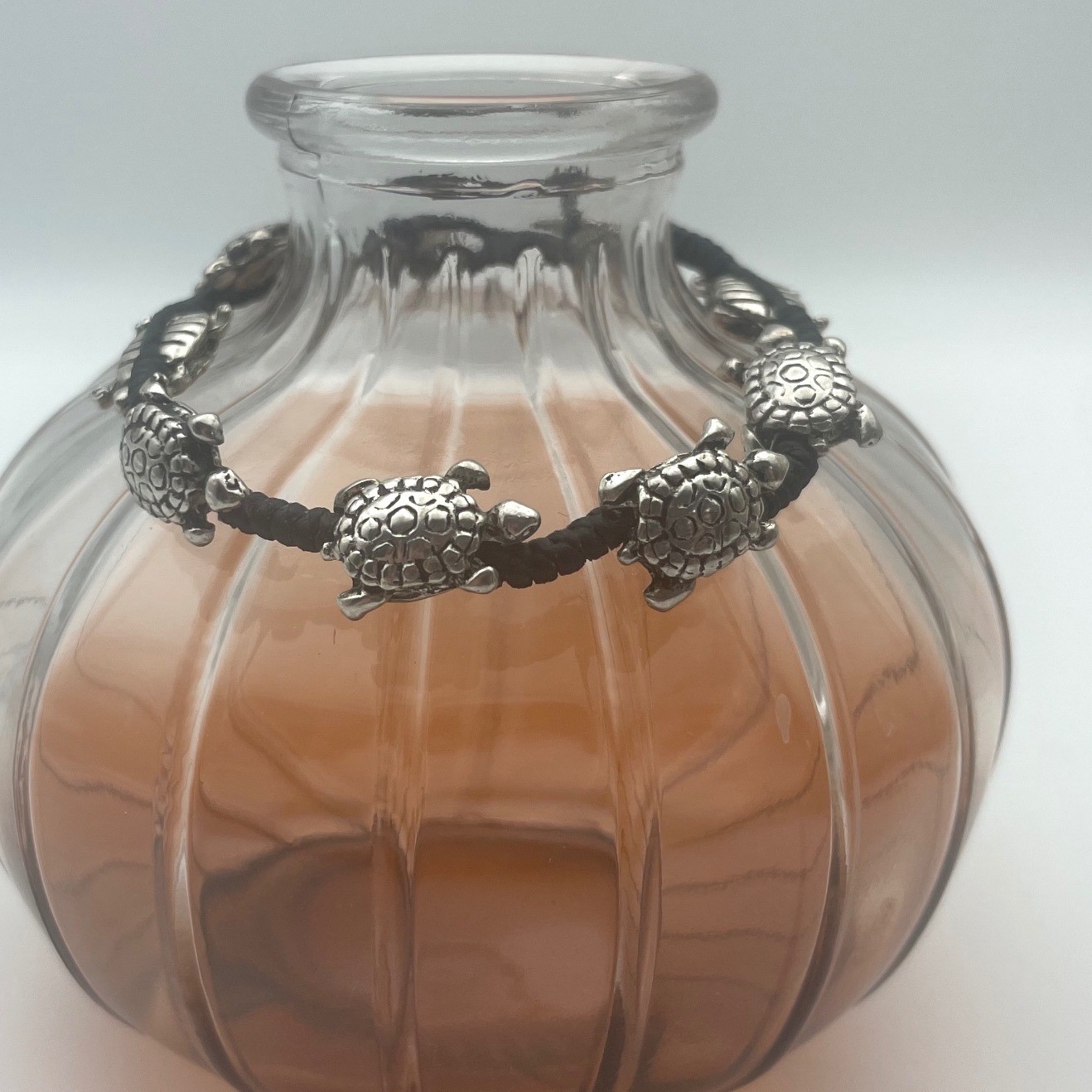 Turtle Bracelet Silver Tone Metal Turtle Charm Black Cord Bracelet beach