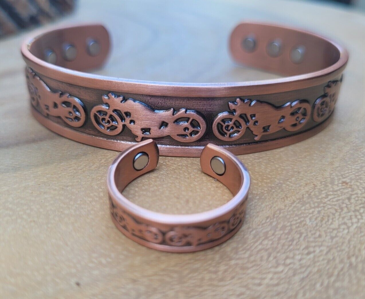 Solid Copper Magnetic Bracelet Ring Set Arthritis Cuff Ring Set Motorcycle