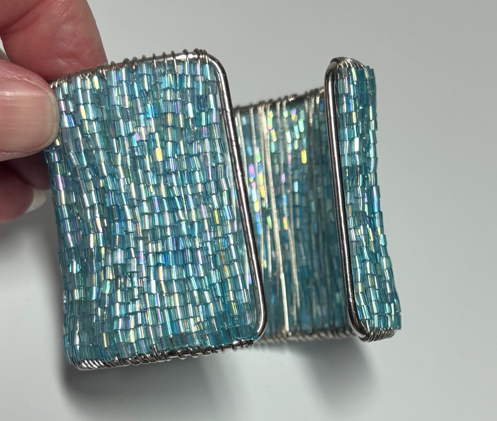 Flexible Long Wrap Cuff Bracelet with Iridescent Glass Bar Seed Beads