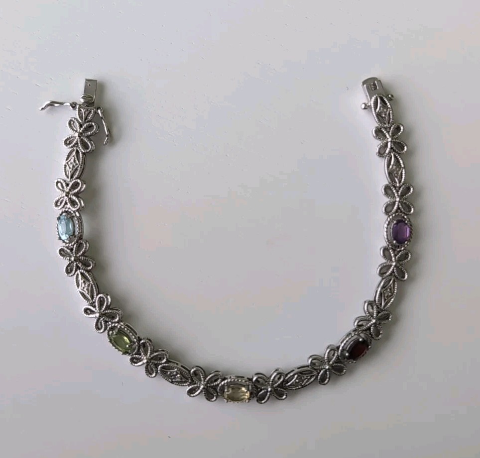 Vtg PAJ BB China Tennis Bracelet Silver Tone Floral Multicolor Rhinestone 7″