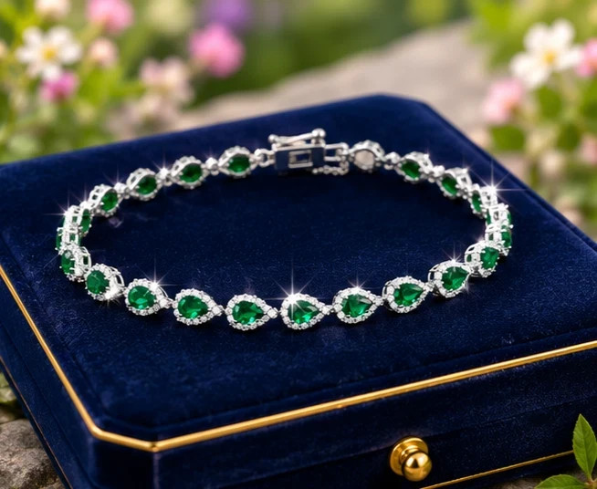 8Ct Pear Simulated Emerald 7.5″ Engagement Tennis Bracelet 14K White Gold Plated