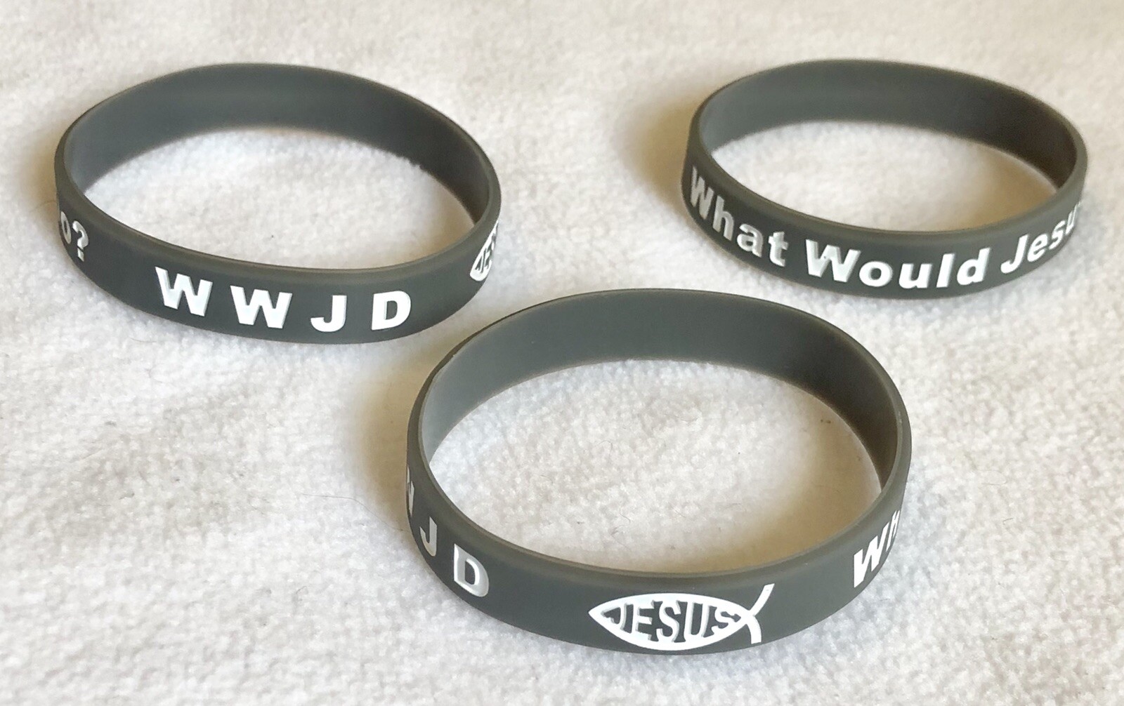 3 Jesus WWJD Bracelet Fundraiser Wristband Rubber/Silicone Arm Band Gray White