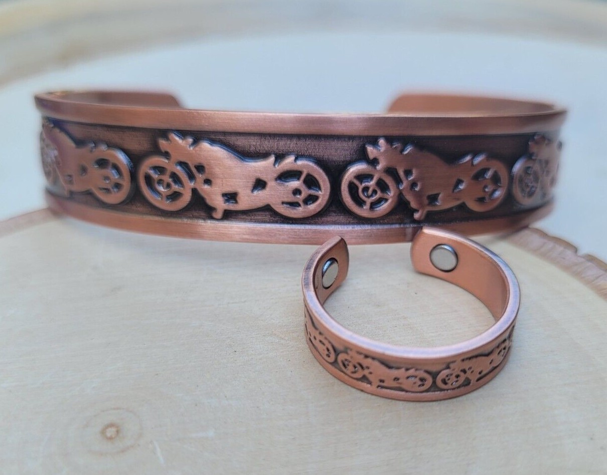 Solid Copper Magnetic Bracelet Ring Set Arthritis Cuff Ring Set Motorcycle