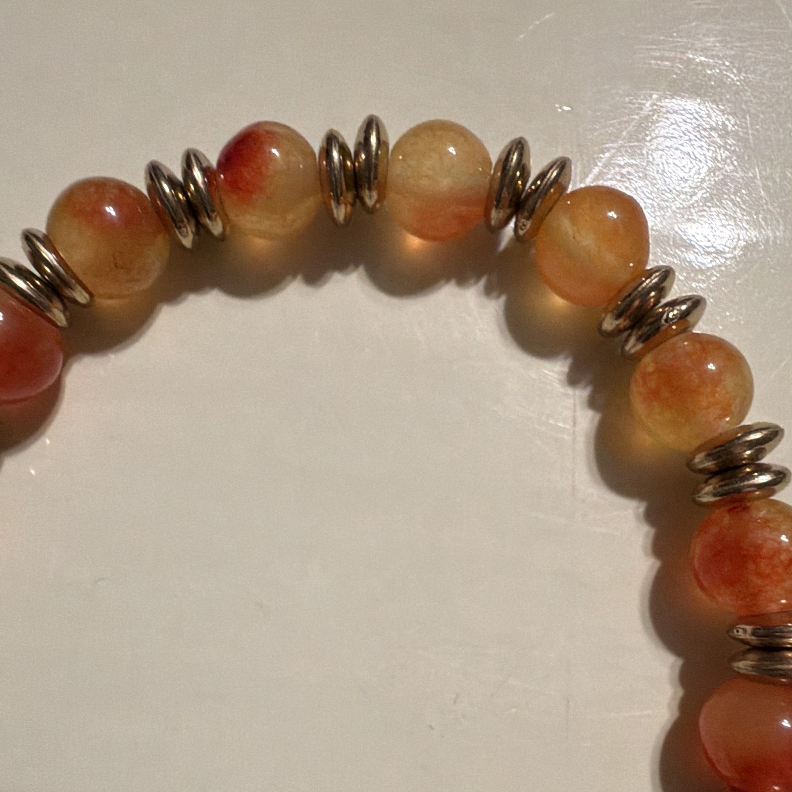 Orange Stone Beaded Stretch Adjustable Bracelet Brown Tassel Dangle Silver